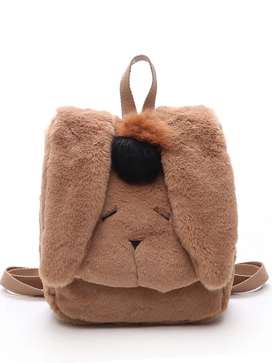 Children&prime; S Furry Rabbit Backpack Cute Fluffy Ball Decoration Animal Bag