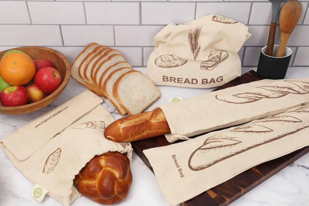 LFGB Gots Linen Loaf Bread Packing Bag Personalized Printed Organic Cotton Biodegradable Bread Bag