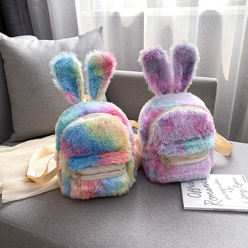 Cute Rabbit Ears Colorful Iridescent Plush Girls Shoulder Bag Kindergarten Primary Children School Bag Kids Small Backpack