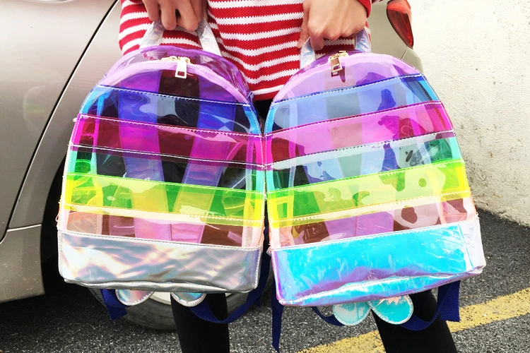 Rainbow Color Transparent School Backpack Custom Colorful Holographic PVC Backpack Bag