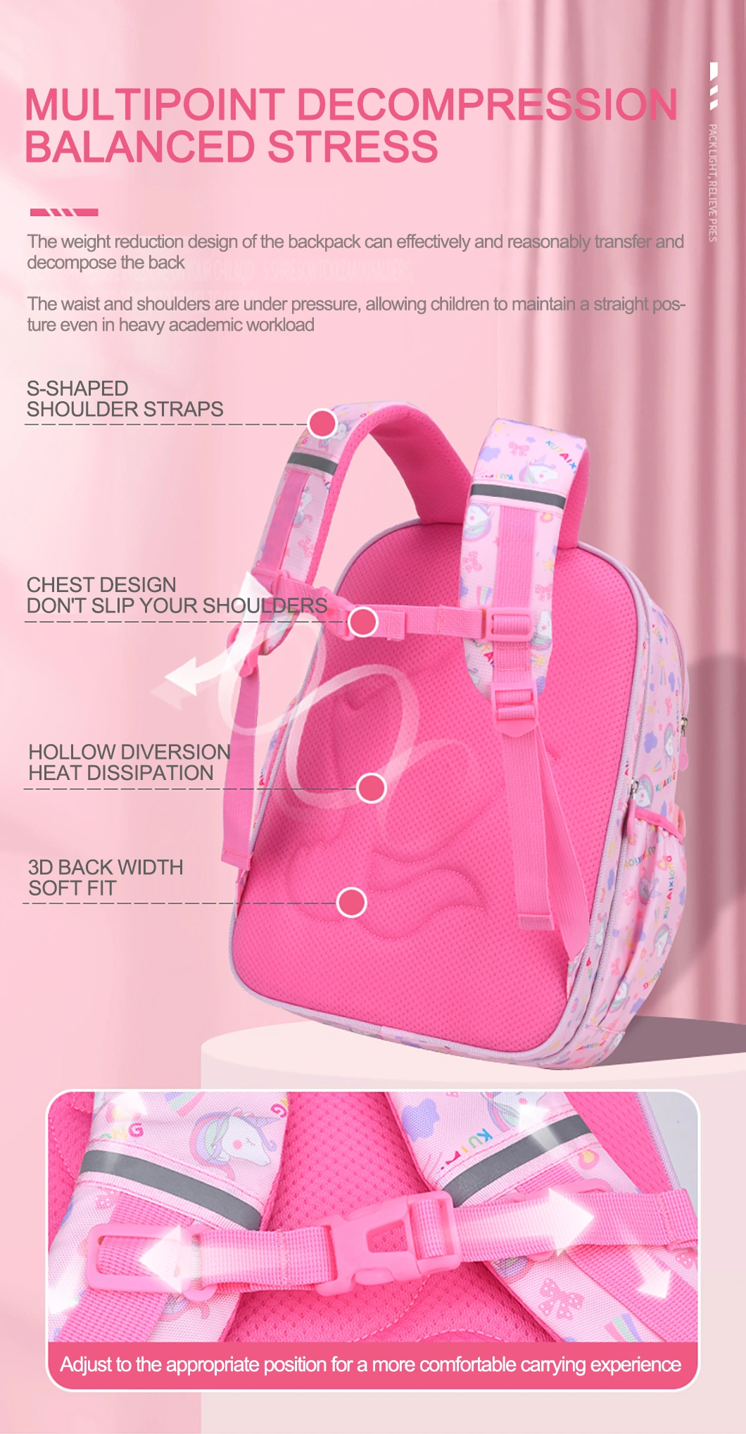 Wholesale Girls Pink Purple School Bag for 6-12 Years Old Large Capacity Children Primary School Backpack Kid Book Bags