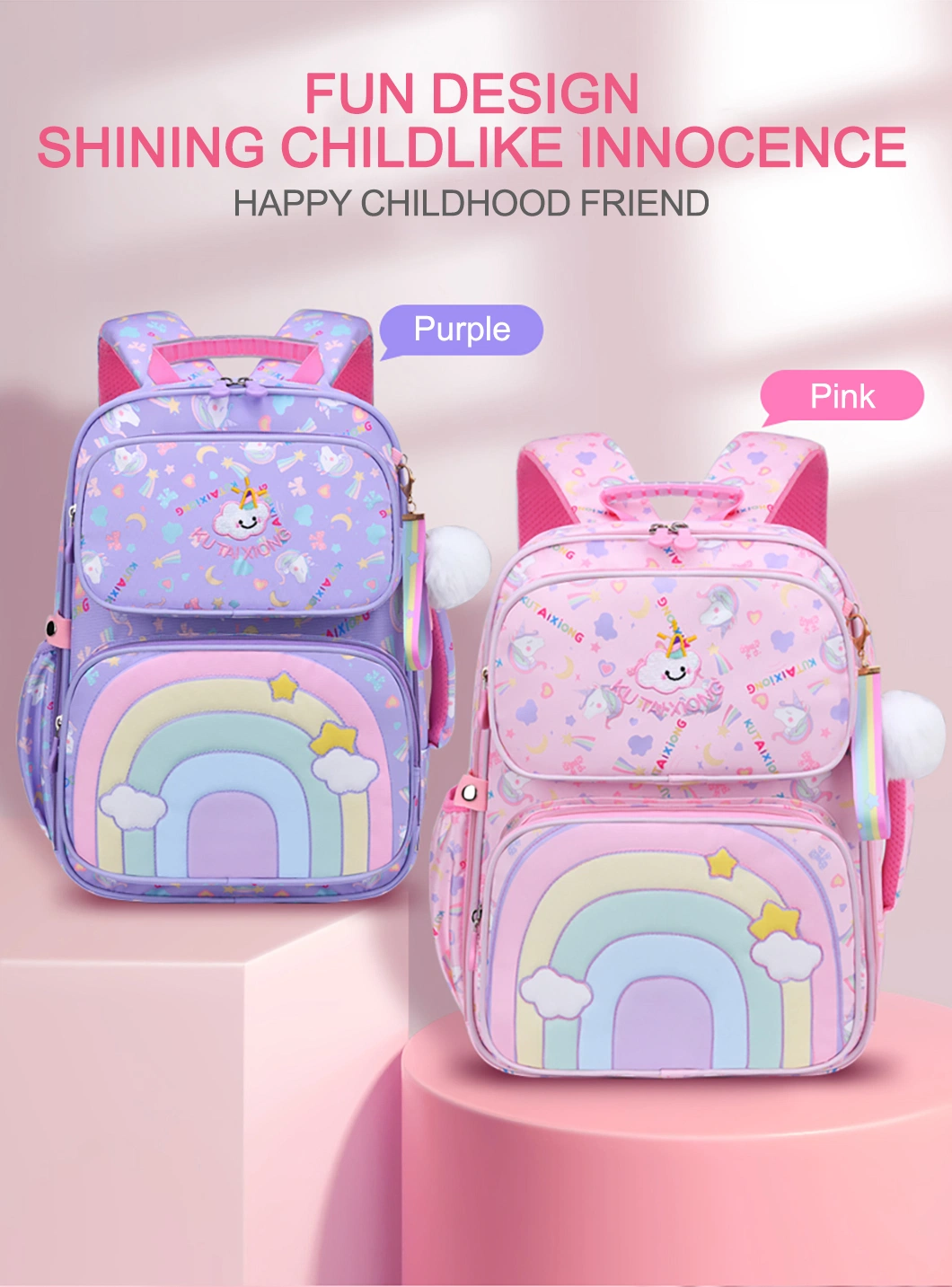 Wholesale Girls Pink Purple School Bag for 6-12 Years Old Large Capacity Children Primary School Backpack Kid Book Bags