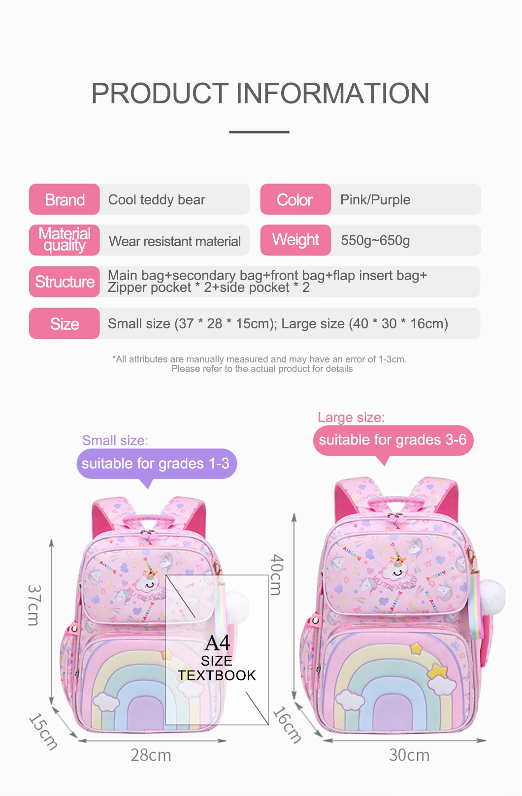 Wholesale Girls Pink Purple School Bag for 6-12 Years Old Large Capacity Children Primary School Backpack Kid Book Bags