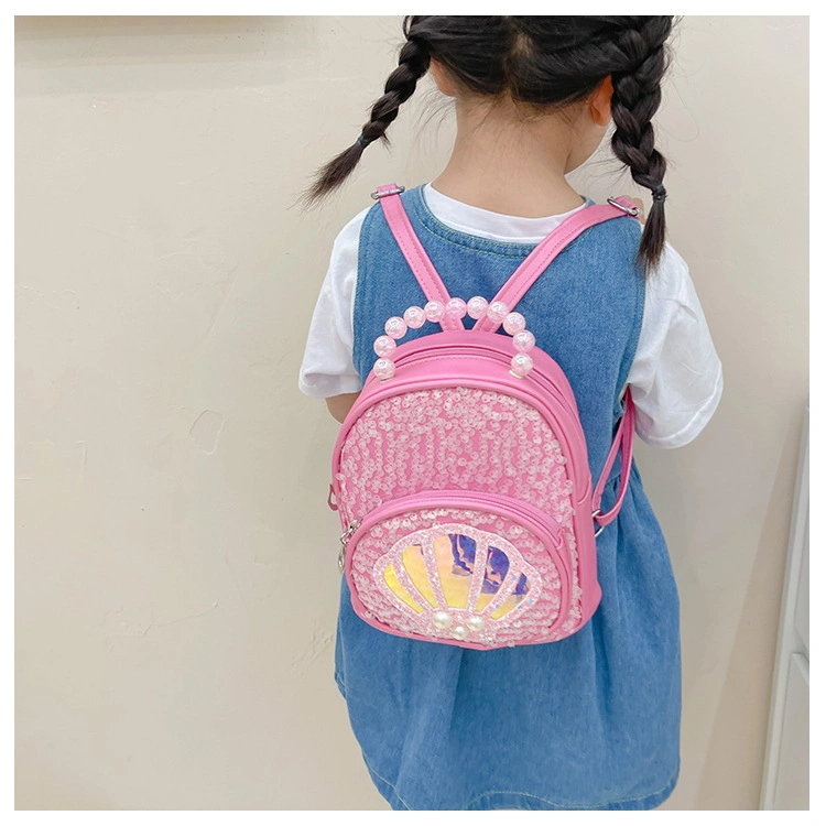 Fashion Pearl Shell Children&prime;s School Backpack PU Sequins Cute Girls Travel Backpack Kids Bag