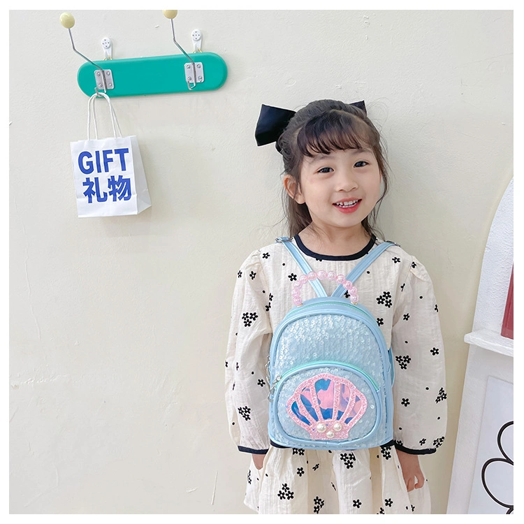 Fashion Pearl Shell Children&prime;s School Backpack PU Sequins Cute Girls Travel Backpack Kids Bag