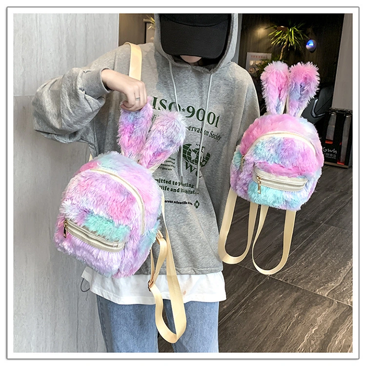 Cute Rabbit Ears Colorful Iridescent Plush Girls Shoulder Bag Kindergarten Primary Children School Bag Kids Small Backpack