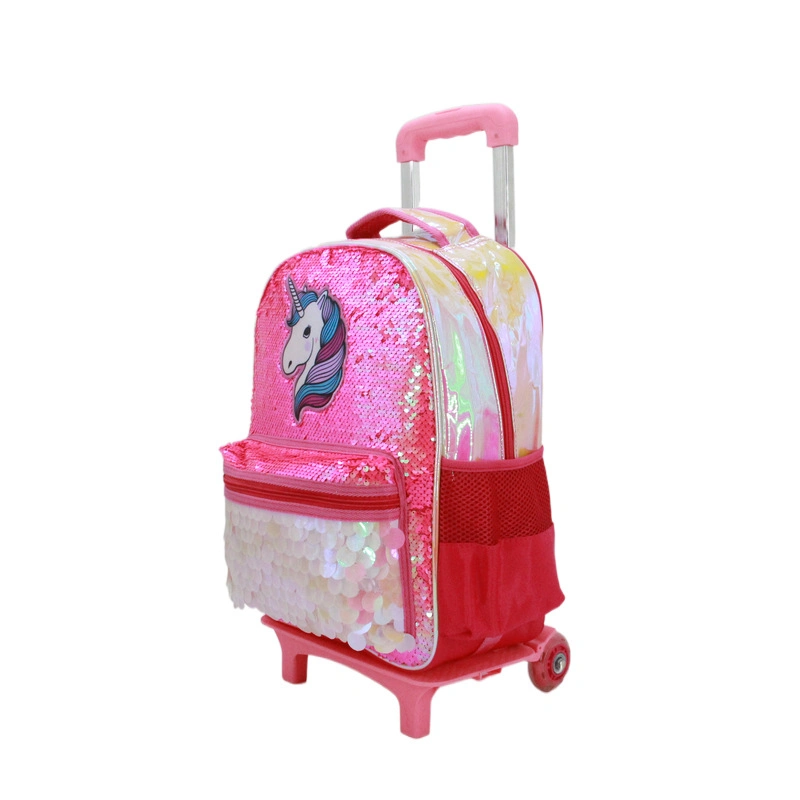 Kids Unicorn Sequins School Bag with Wheels for Girls Trolley Backpack