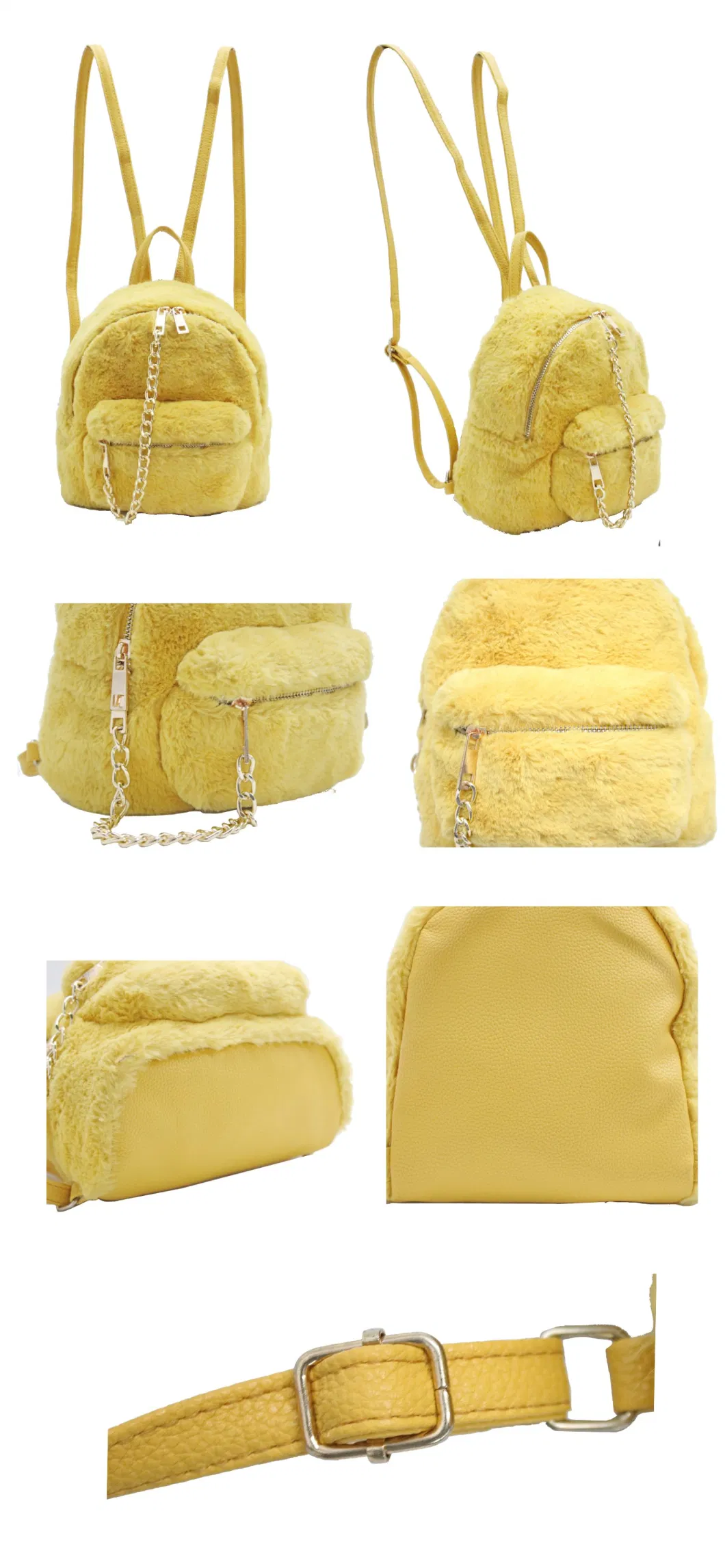 Winter Autumn Mini Shape Fur Lady Children Yellow Backpack with Chain Decoration