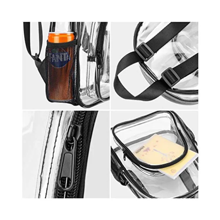 Clear Transparent Stadium Approved Heavy Duty PVC Backpack with Side Mesh Bag