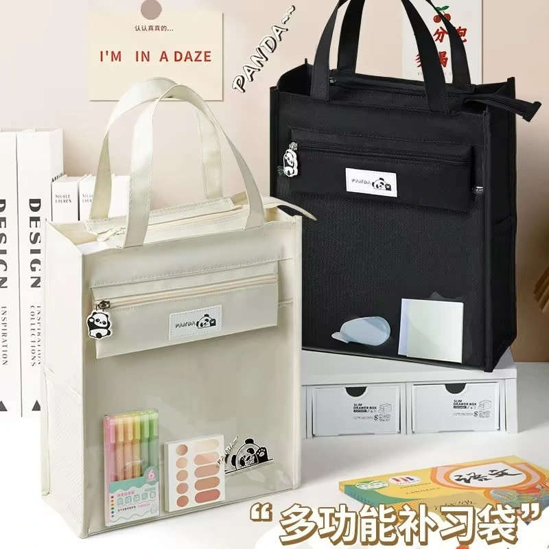 Panda Tutoring Bag Transparent Carrying Book Bag Children&prime;s Large Capacity Canvas Tutoring Bag Homework Storage Art Canvas Bag