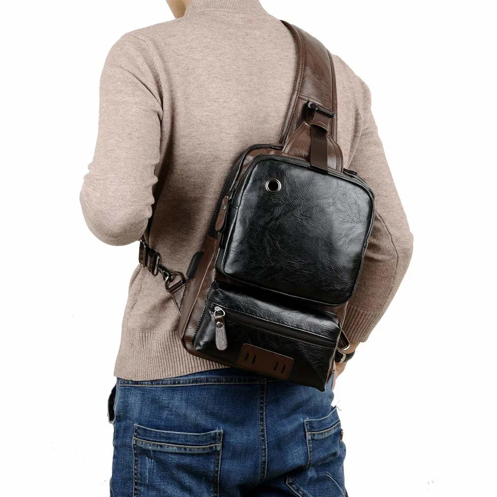 Small Black Sling Crossbody Backpack Shoulder Bag for Men Women Vintage PU Leather Sling Backpack Cycling USB Charger