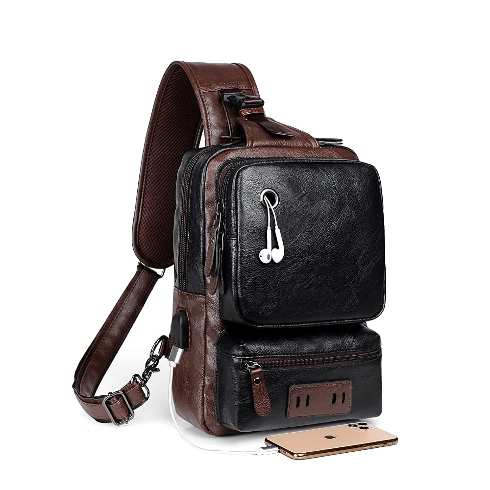 Small Black Sling Crossbody Backpack Shoulder Bag for Men Women Vintage PU Leather Sling Backpack Cycling USB Charger