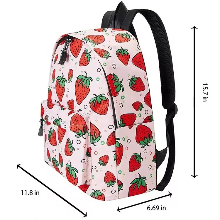 Lady Fashion Strawberry Allover Print Backpack 15.6inch Laptop Backpack School Teenager Bag