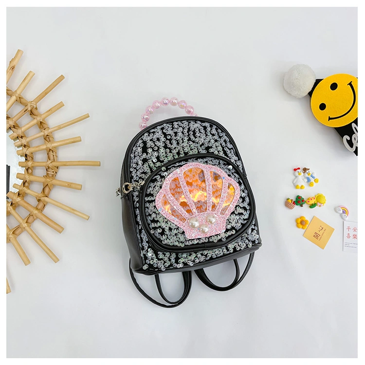 Fashion Pearl Shell Children&prime;s School Backpack PU Sequins Cute Girls Travel Backpack Kids Bag