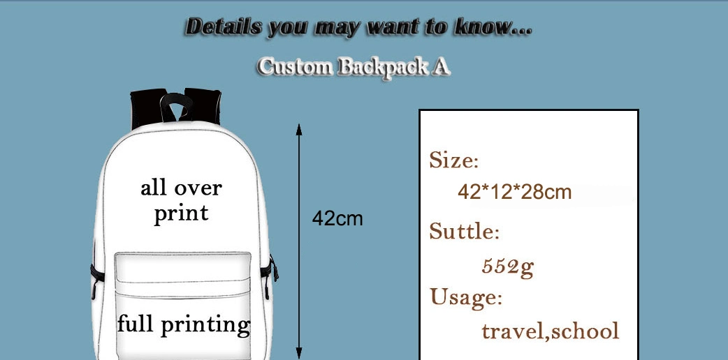 Low MOQ Customized Carton 3D Printing Backpack Men Women Children Student School Print Bag