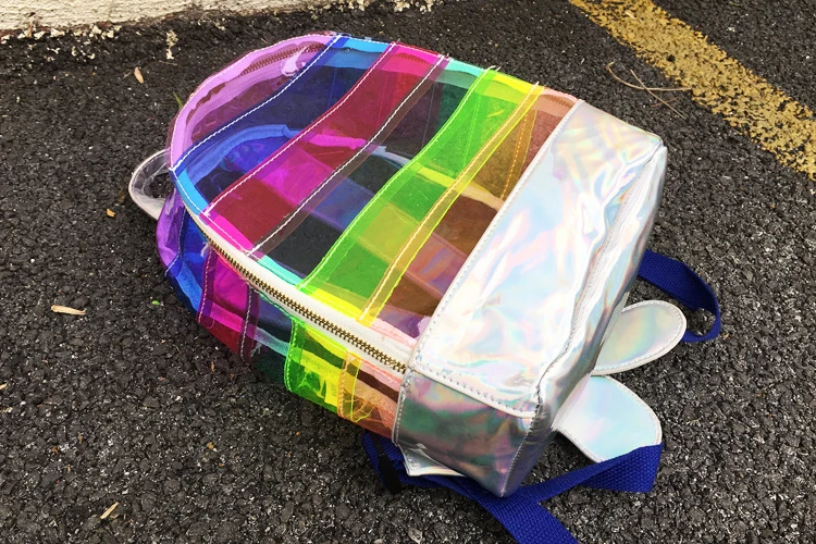 Rainbow Color Transparent School Backpack Custom Colorful Holographic PVC Backpack Bag