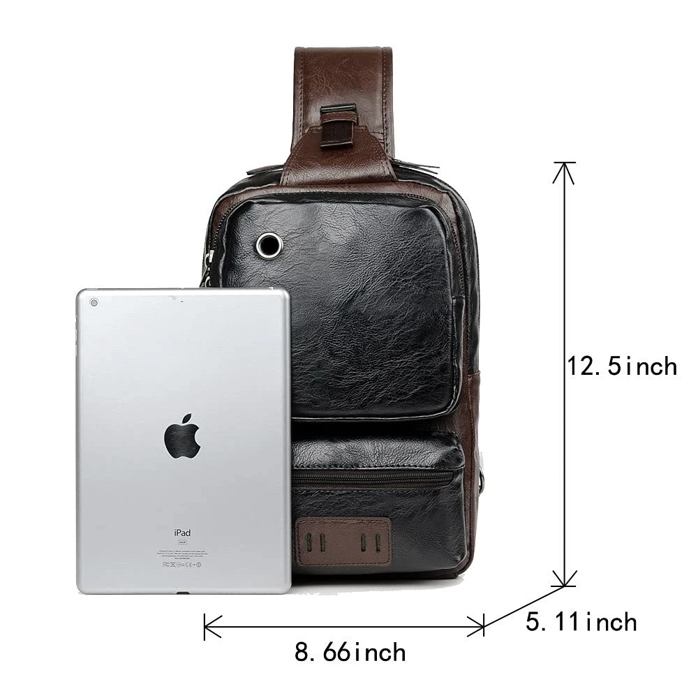 Small Black Sling Crossbody Backpack Shoulder Bag for Men Women Vintage PU Leather Sling Backpack Cycling USB Charger