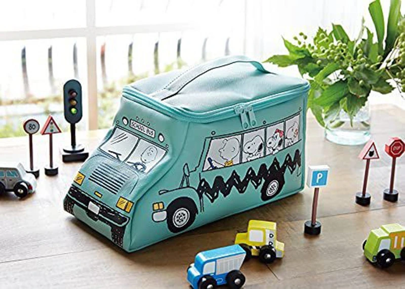 Children Cartoon Portable Makeup School Bus Design Multifunctional Desktop Storage PU Material Travel Wash Bag