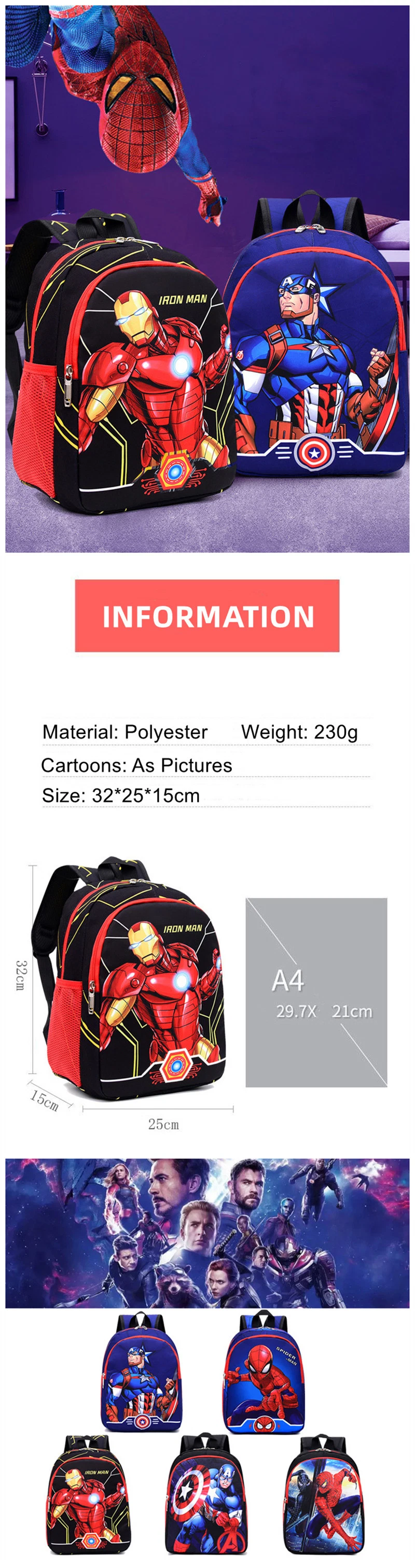 Custom Wholesale Cartoon Kids Boys Teenager Student Schoolbag Backpack Bag Bookbag Rucksack