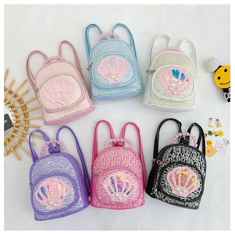 Fashion Pearl Shell Children&prime;s School Backpack PU Sequins Cute Girls Travel Backpack Kids Bag