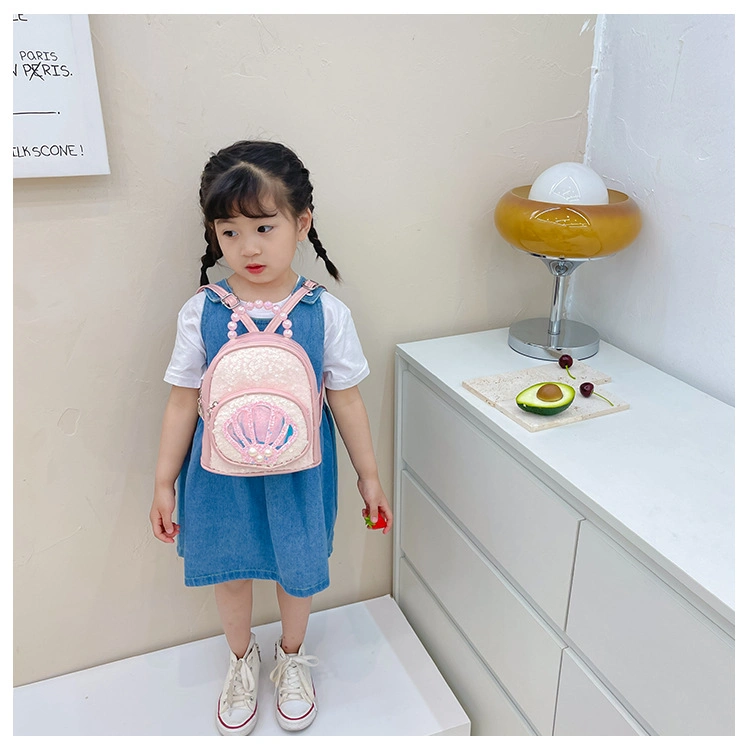 Fashion Pearl Shell Children&prime;s School Backpack PU Sequins Cute Girls Travel Backpack Kids Bag