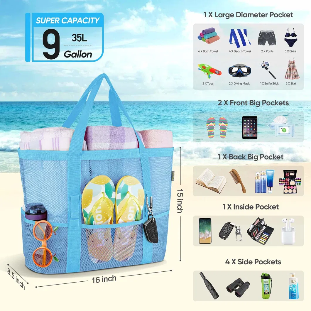 Custom Packaging Bag Nylon Mesh Beach Tote Bags for Women and Girls Handbags Wholesale Ladies Large Beach Shoulder Shopping Bag