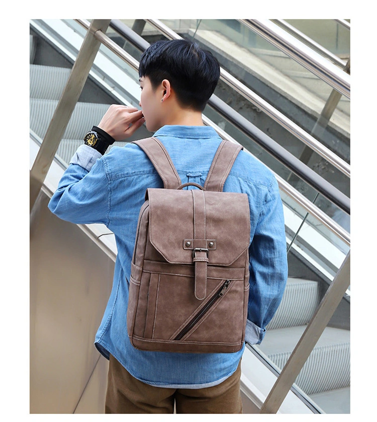 Casual Waterproof PU Leather Flap Men School Bag Computer Simple Style Fashion Youth Large Capacity Travel Outdoor Backpack