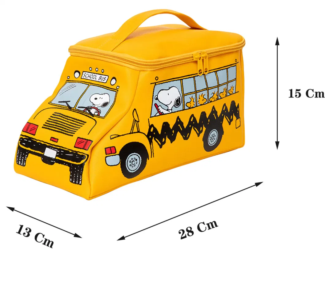 Children Cartoon Portable Makeup School Bus Design Multifunctional Desktop Storage PU Material Travel Wash Bag