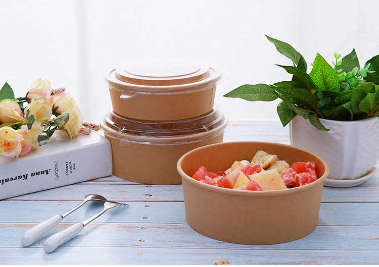 Kraft PE/PLA Coated Salad Bowl Packed Paper Bowl Congee Soup Bowl Round Fruit Salad Takeaway Lunch Box with Lid