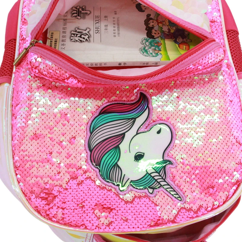 Kids Unicorn Sequins School Bag with Wheels for Girls Trolley Backpack