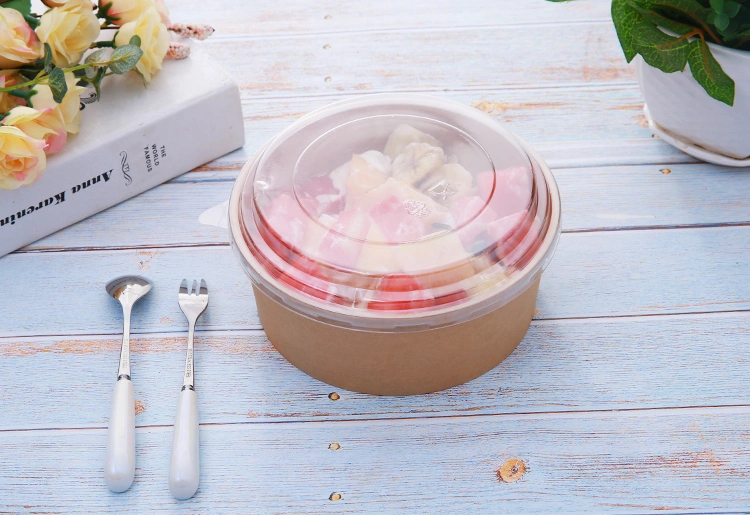 Kraft PE/PLA Coated Salad Bowl Packed Paper Bowl Congee Soup Bowl Round Fruit Salad Takeaway Lunch Box with Lid