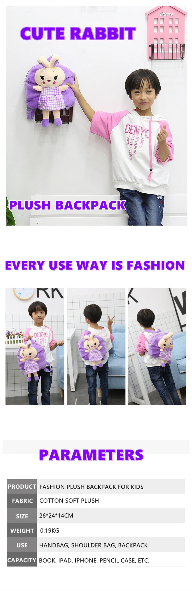 Preschool Kindergarten Cartoon Kids Bagpack Rabbit Backpack for Girl