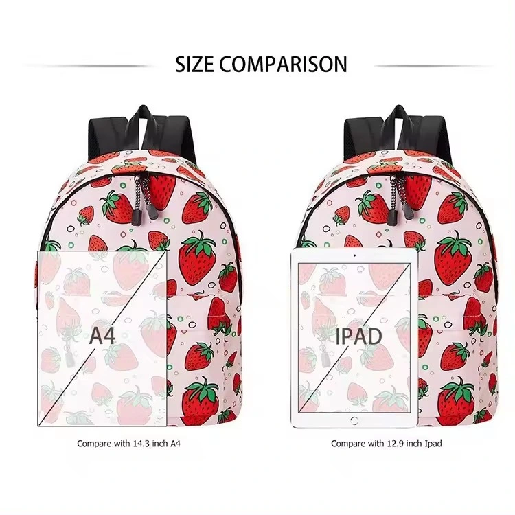 Lady Fashion Strawberry Allover Print Backpack 15.6inch Laptop Backpack School Teenager Bag