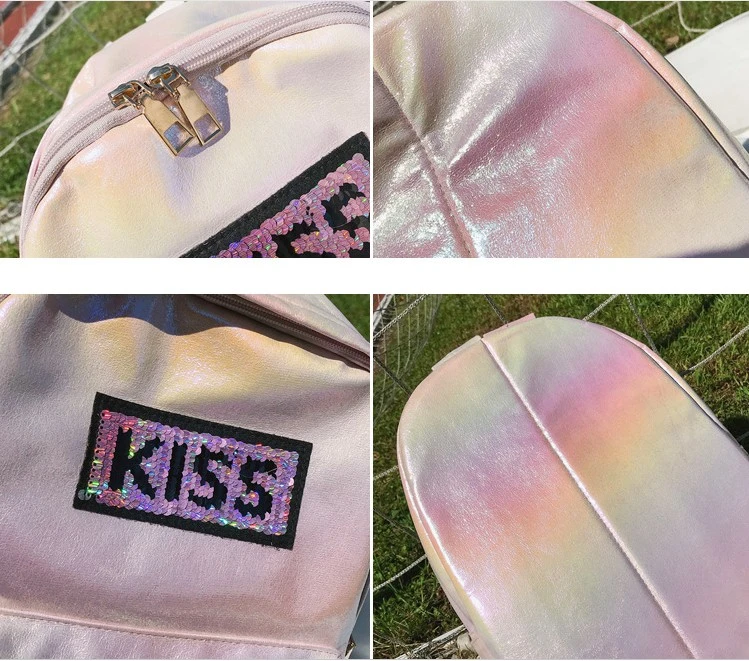 Junior High School Girl Students Laser School Bag Custom Fashion Reversible Sequins Letter Logo Women Backpack