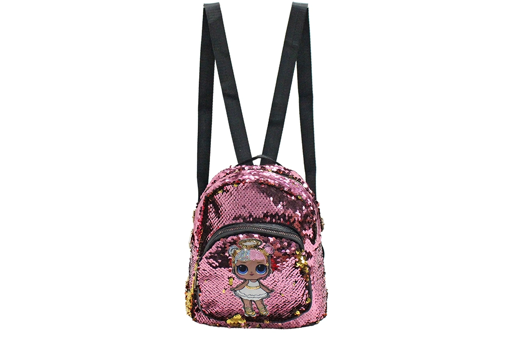 Women Adjustable Strap Children Cute Pink Backpack with Shiny Sequin Cartoon