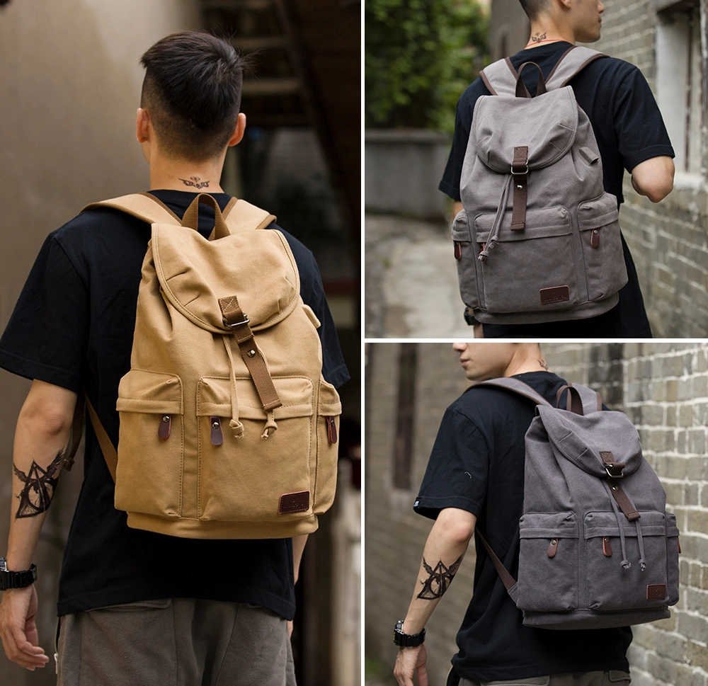 Men Canvas Bucket Students Backpack School Bag Casual Luggage Laptop Bags with USB Charge