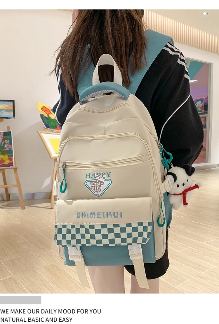 Girls&prime; Contrasting Color Backpack Ins Korean Version Forest Style Checkered Backpack for Middle and High School Students