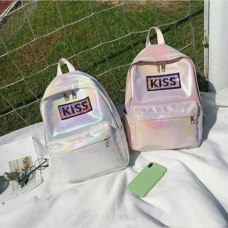 Junior High School Girl Students Laser School Bag Custom Fashion Reversible Sequins Letter Logo Women Backpack