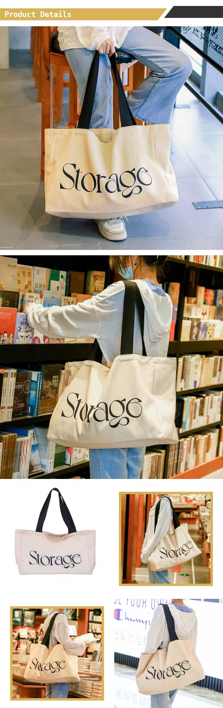 Custom Logo Book Shopping School Tote One Shoulder Canvas Bag