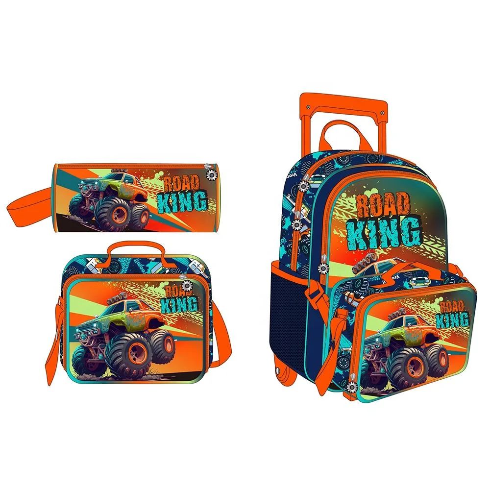 High Capacity Children 3 PCS Set School Rolling Backpack with Wheels 17 Inch Cartoon Kids Trolley Bag
