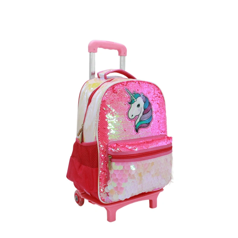 Kids Unicorn Sequins School Bag with Wheels for Girls Trolley Backpack
