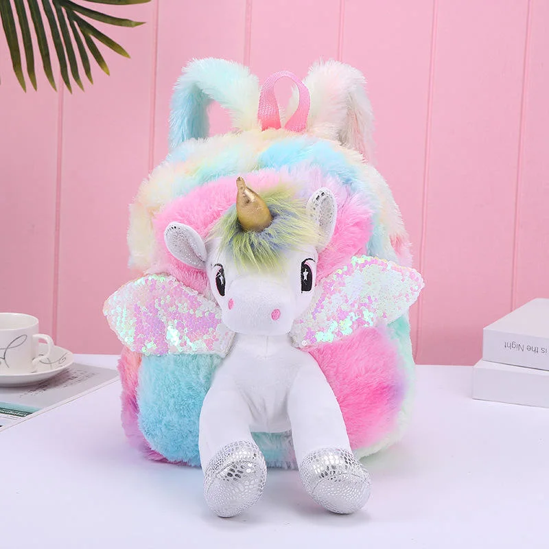 2023 New Unicorn Sequin Feathered Plush Children Cute Cartoon Plush Girl Backpack