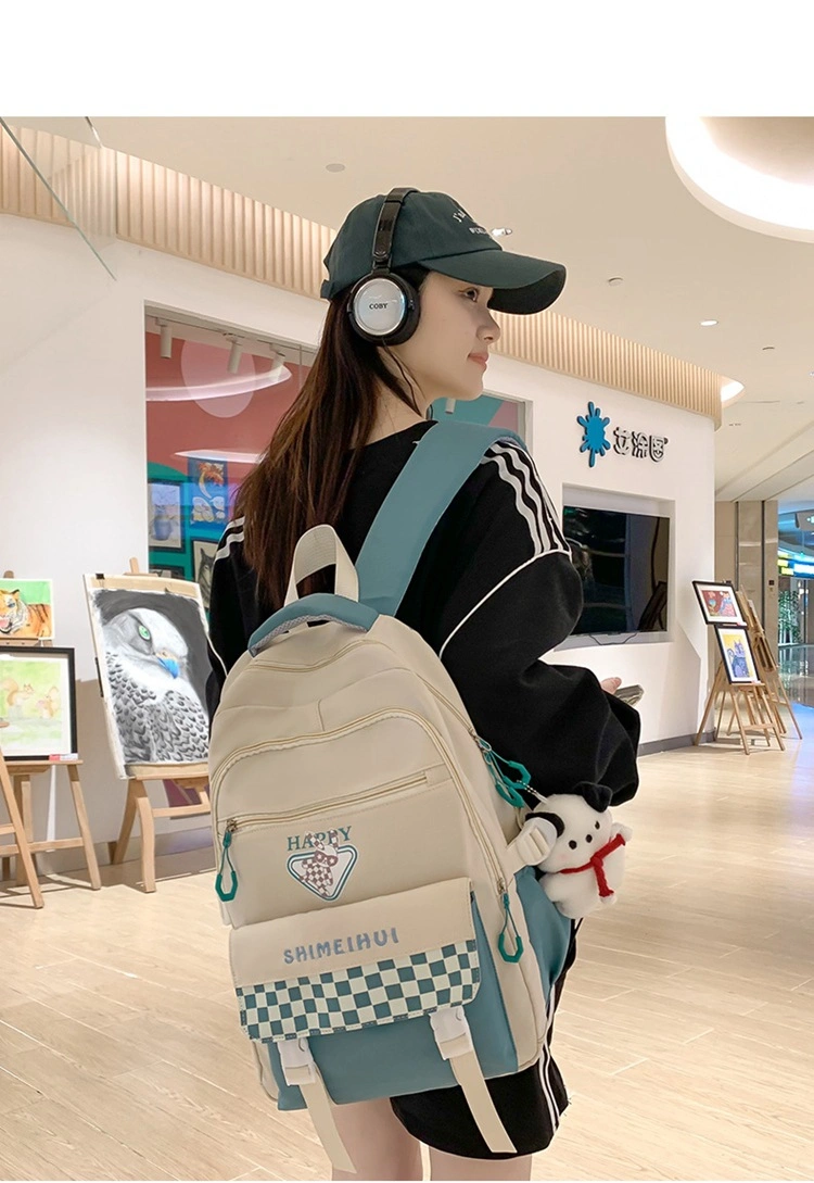 Girls&prime; Contrasting Color Backpack Ins Korean Version Forest Style Checkered Backpack for Middle and High School Students