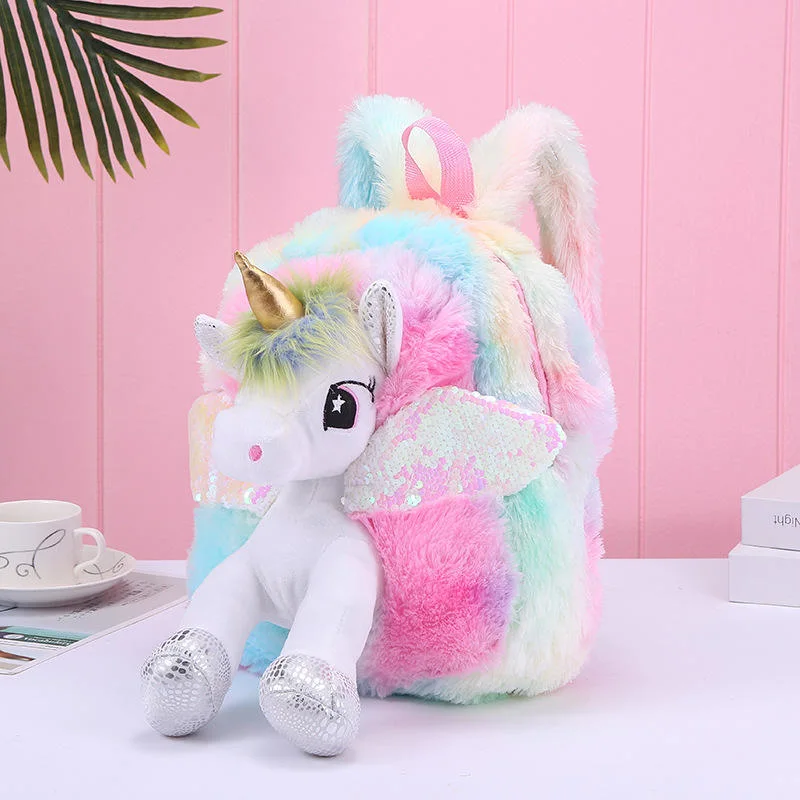 2023 New Unicorn Sequin Feathered Plush Children Cute Cartoon Plush Girl Backpack