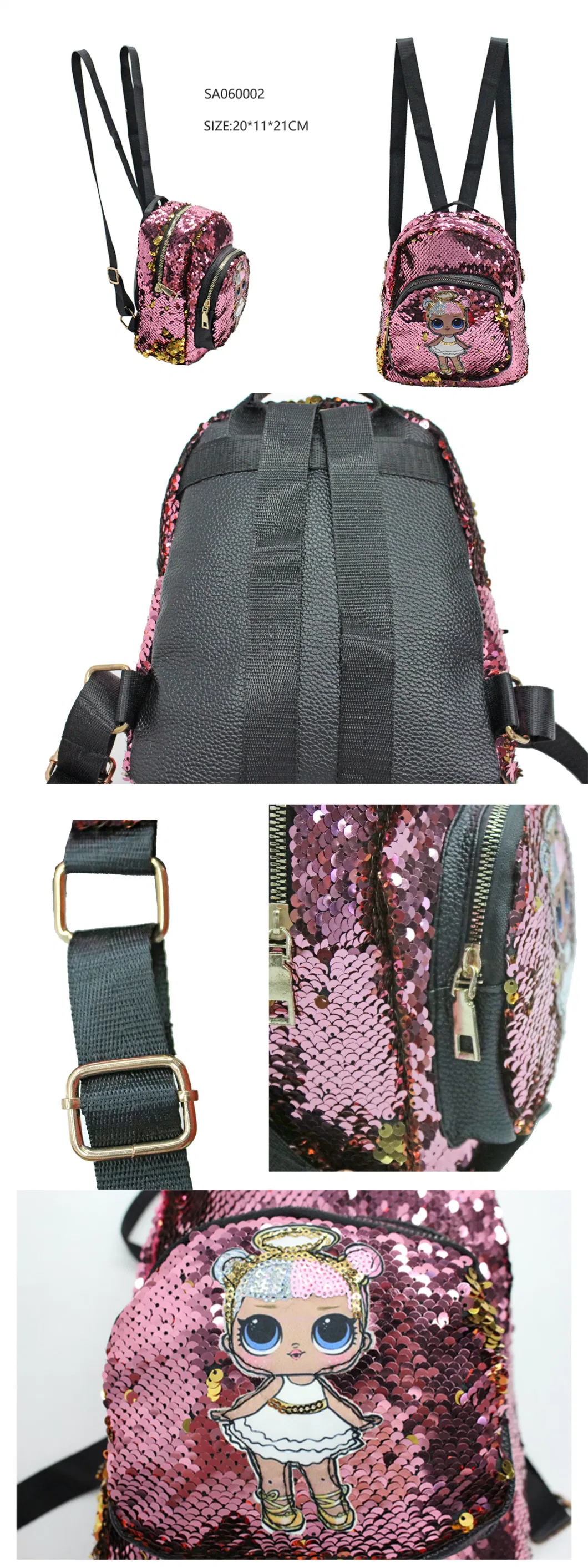 Women Adjustable Strap Children Cute Pink Backpack with Shiny Sequin Cartoon