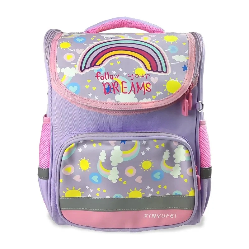 Easy Storage Cute Cartoon Pattern Rainbow Canvas Kid School Backpack for Girls