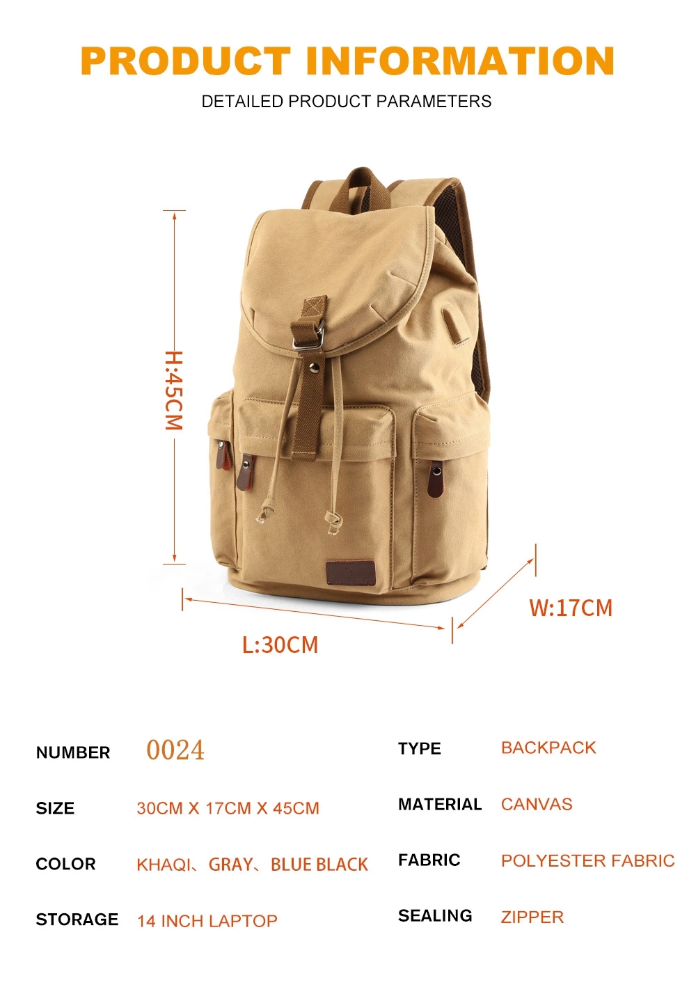 Men Canvas Bucket Students Backpack School Bag Casual Luggage Laptop Bags with USB Charge