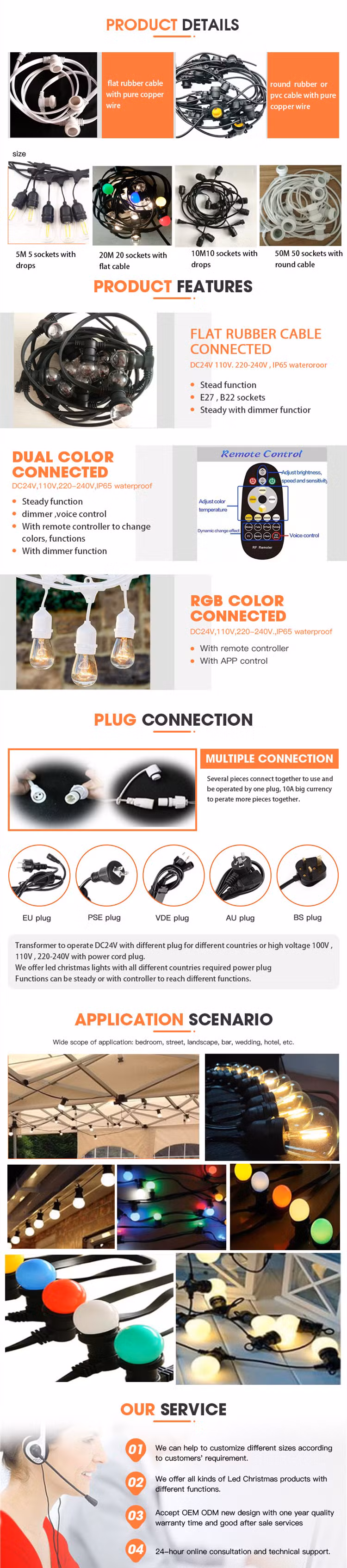 Christmas Festival Decorative CE Approved Custom Length 10m 20m 50m 100meter Festoon Cable E27 Outdoor String Light for Garden Street House Decoration