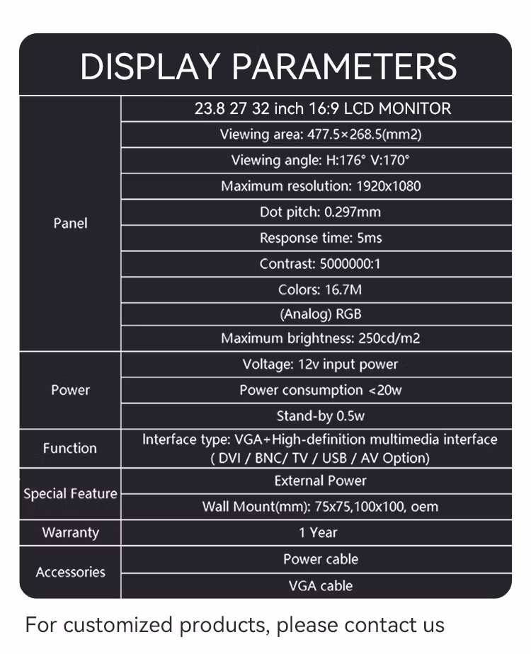 Customized Curved/Flat Screen Display Monitor 22 24 27inch 2K FHD 75Hz LCD Display Screen IPS/Va LED Desktop PC Computer Monitor Business Gaming PC Monitor