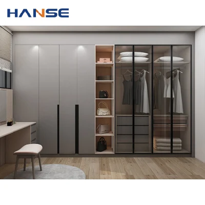 Nuevo diseño moderno puerta corrediza <a href='/armario/'>Armario</a> de madera para guardar muebles de dormitorio Melamina vidrio puerta armario